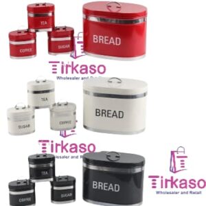 Oval 4 Piece Single Loaf Bread Bin & Tea Coffee & Sugar Canister Set in red.