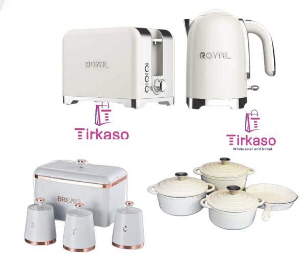 Royal toaster and kettle, a matching bread bin with 7pc cast iron pot