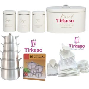 kitchen and dining items Canister Set: A three-piece set ofwhitecanisterslabeled "Sugar," "Coffee,and "Tea,Bread Bin, cookinga "10 PCS Cooking Pot" set.  Dinnerware Set